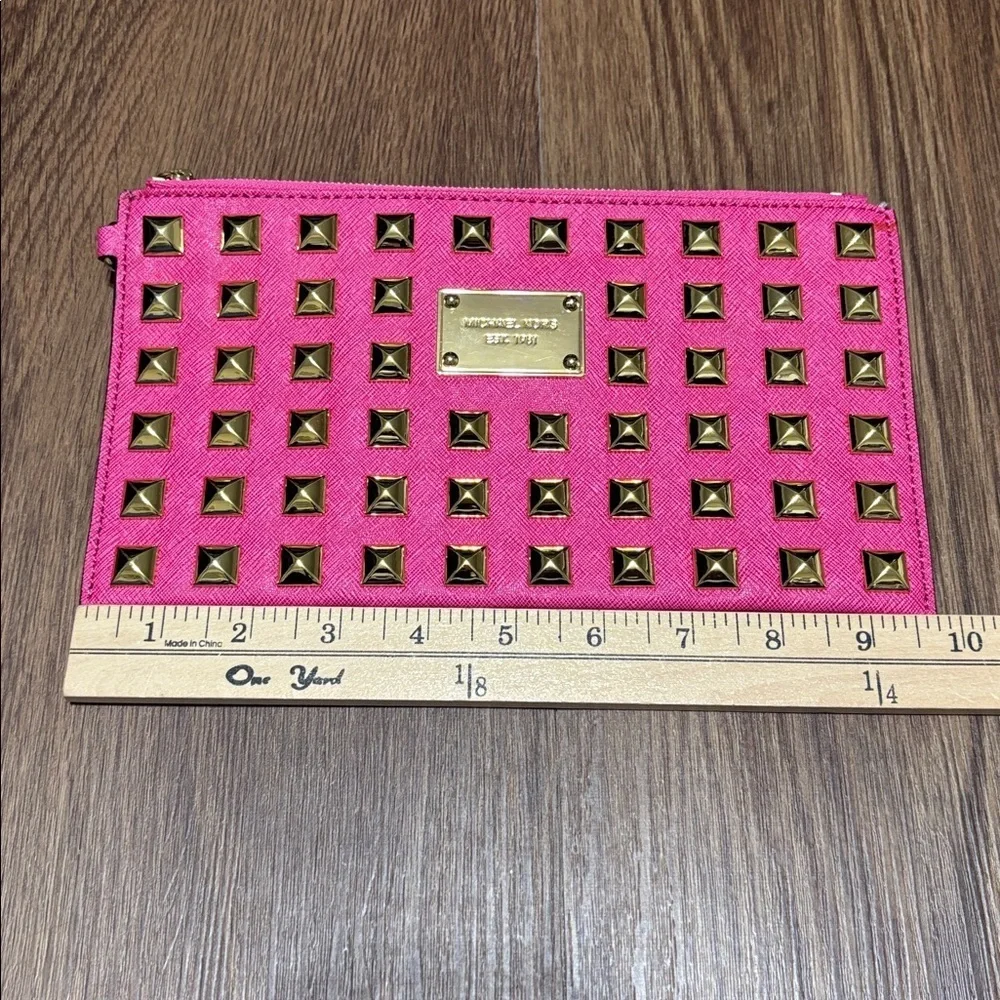 Michael Kors Fuchsia Studded Wristlet Clutch Gold Studs Pink Leather